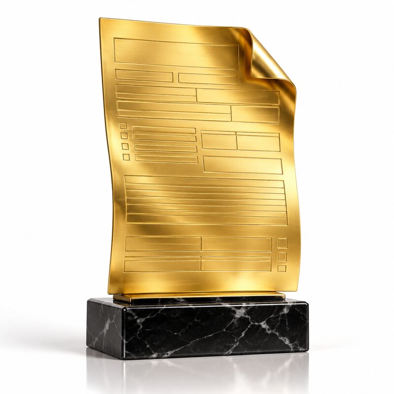 Un formulaire en or massif posé sur un socle de marbre noir, comme un trophée.